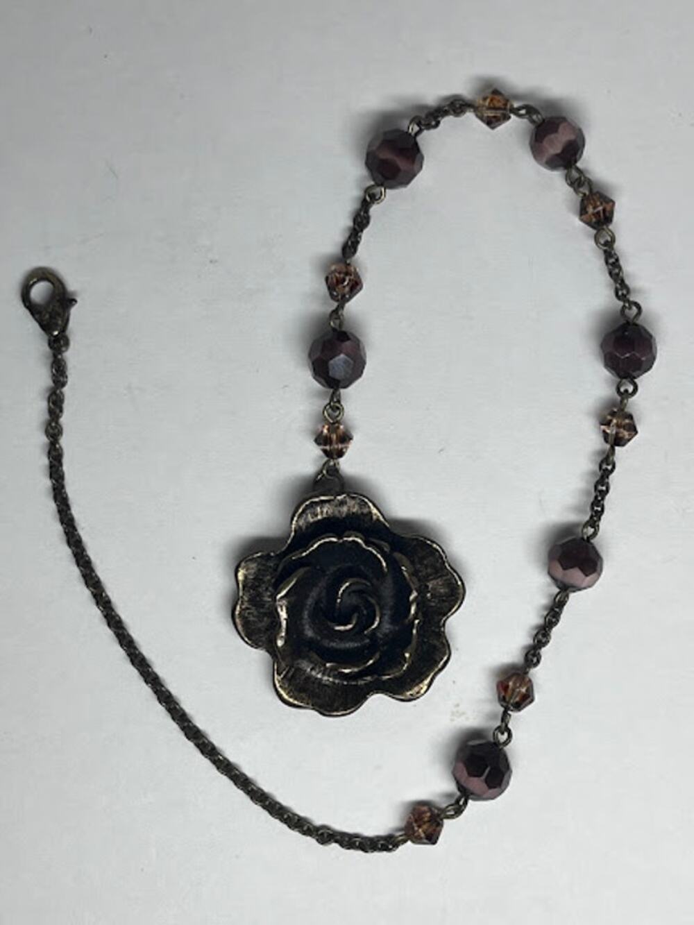 Vintage Bronze 1 1/4" Rose Fob 11" Chain with Lobster Claw and Garnets